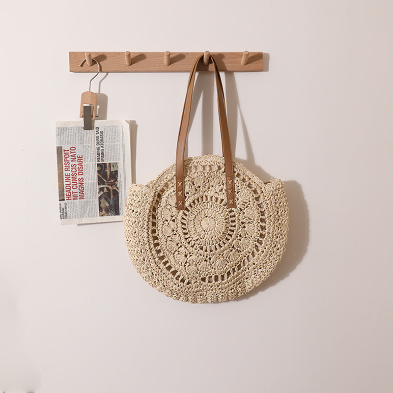 round Straw Bag One Shoulder Portable Hollow Out Cutout out Straw Bag Woven Bag Women Summer Seaside Casual Vacation Beach Bag Bella Mia