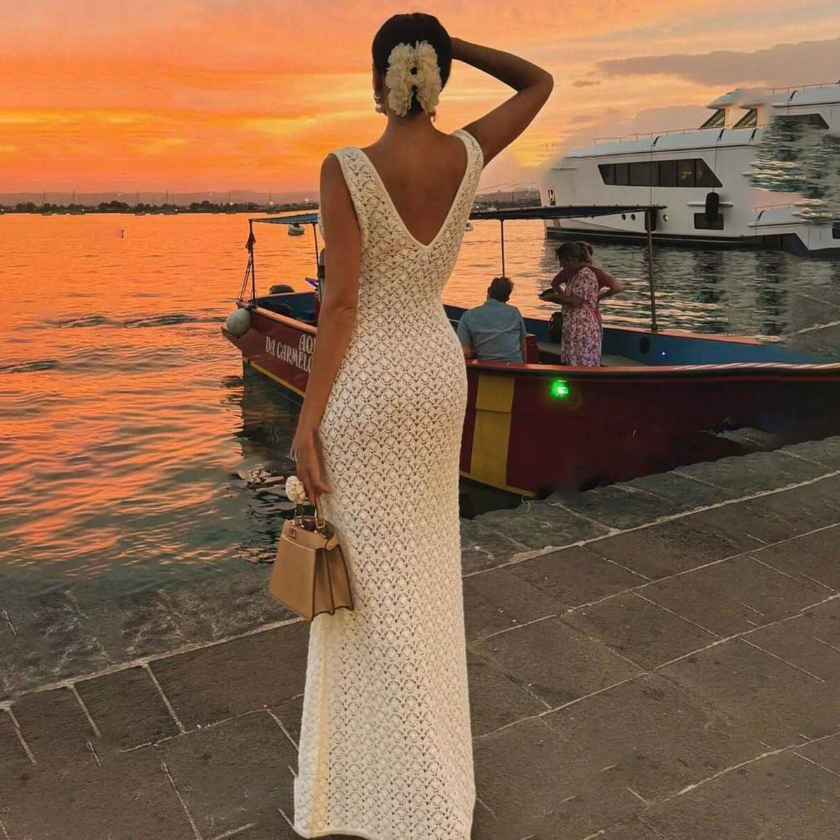 Summer Dress Sexy Sleeveless Hollow Out Cutout Knitted Beach Dress Backless High Grade Women Bella Mia