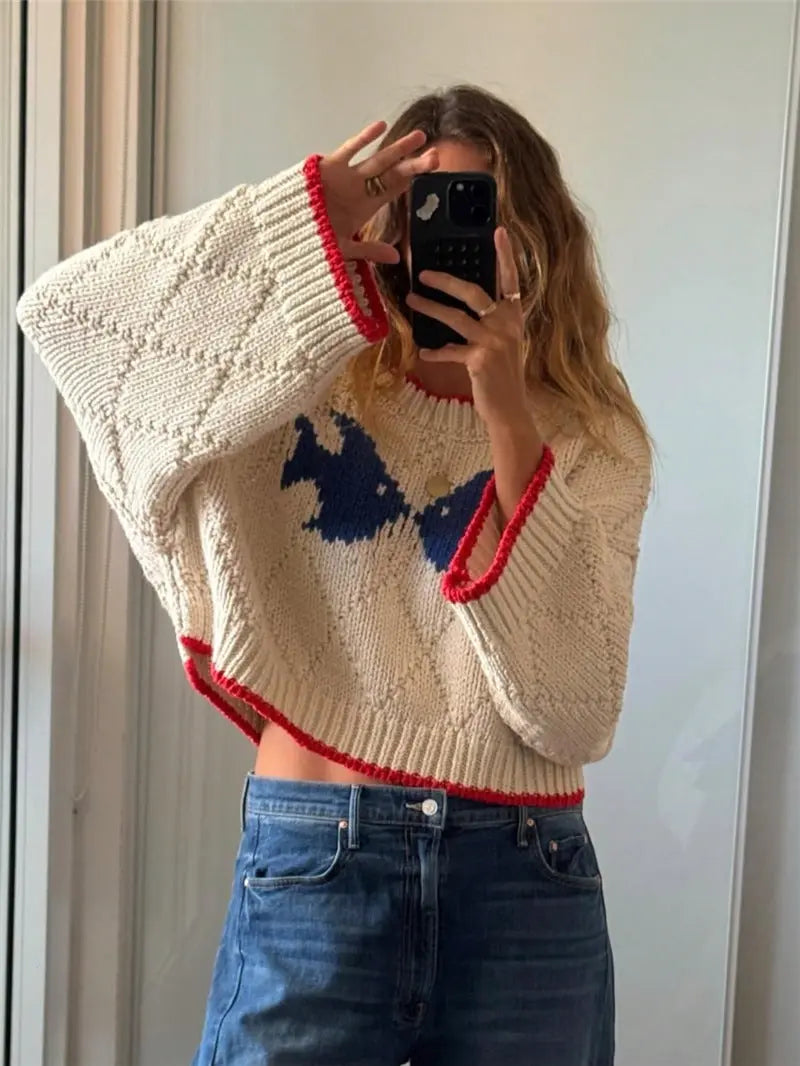 Retro Jacquard Knitted Sweater Loose Fit Crew Neck For Autumn Winter Polyester Bella Mia