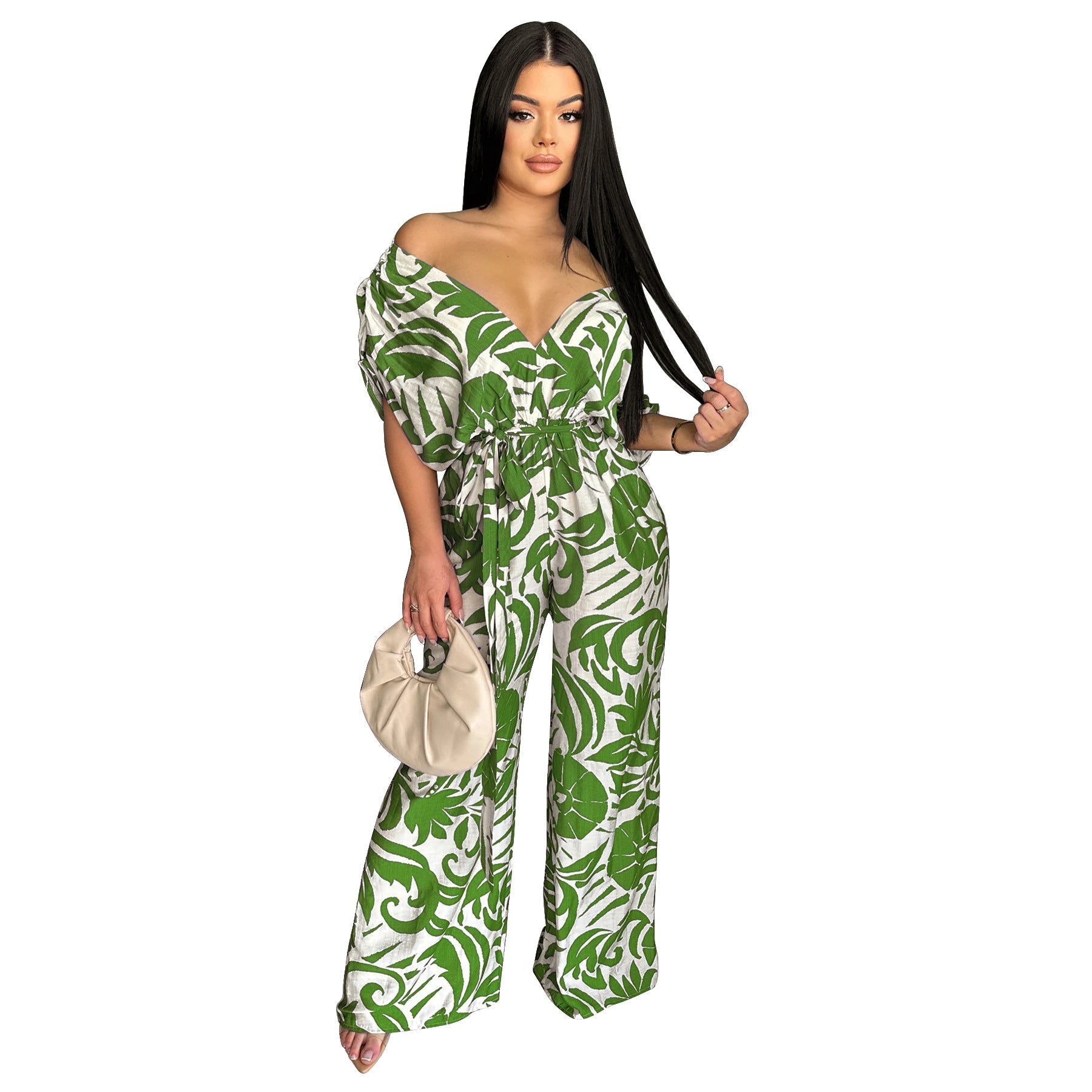 Women Clothing off the Shoulder Batwing Sleeve Wide Leg Printed Jumpsuit Bella Mia