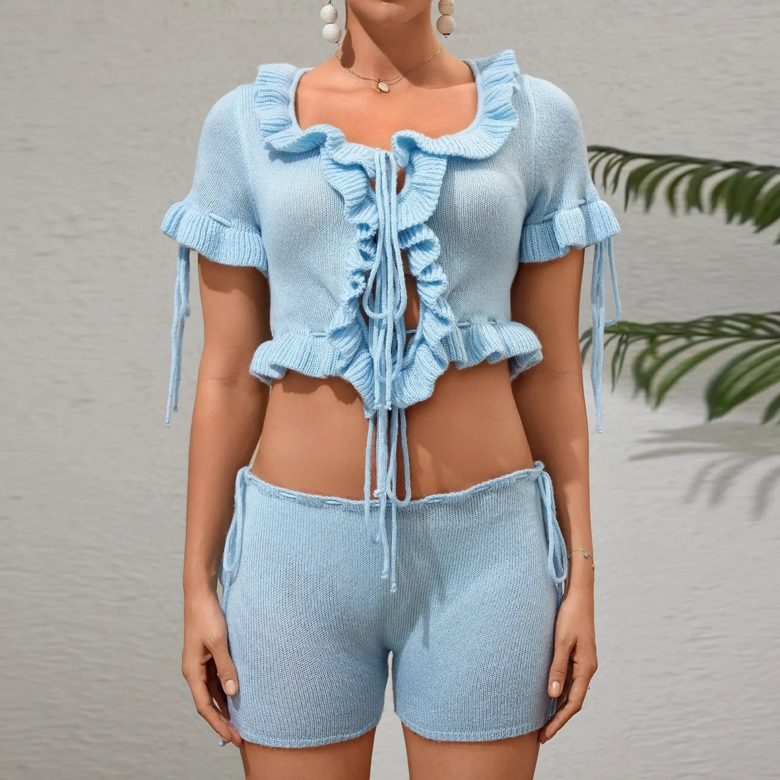 Boho Summer Lace Up Ruffle Crop Top And Shorts Set Bella Mia