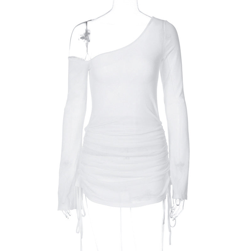 Women Clothing Autumn Pure Sexy Shoulder Long Sleeve Sexy See through Pleating Dress Bella Mia