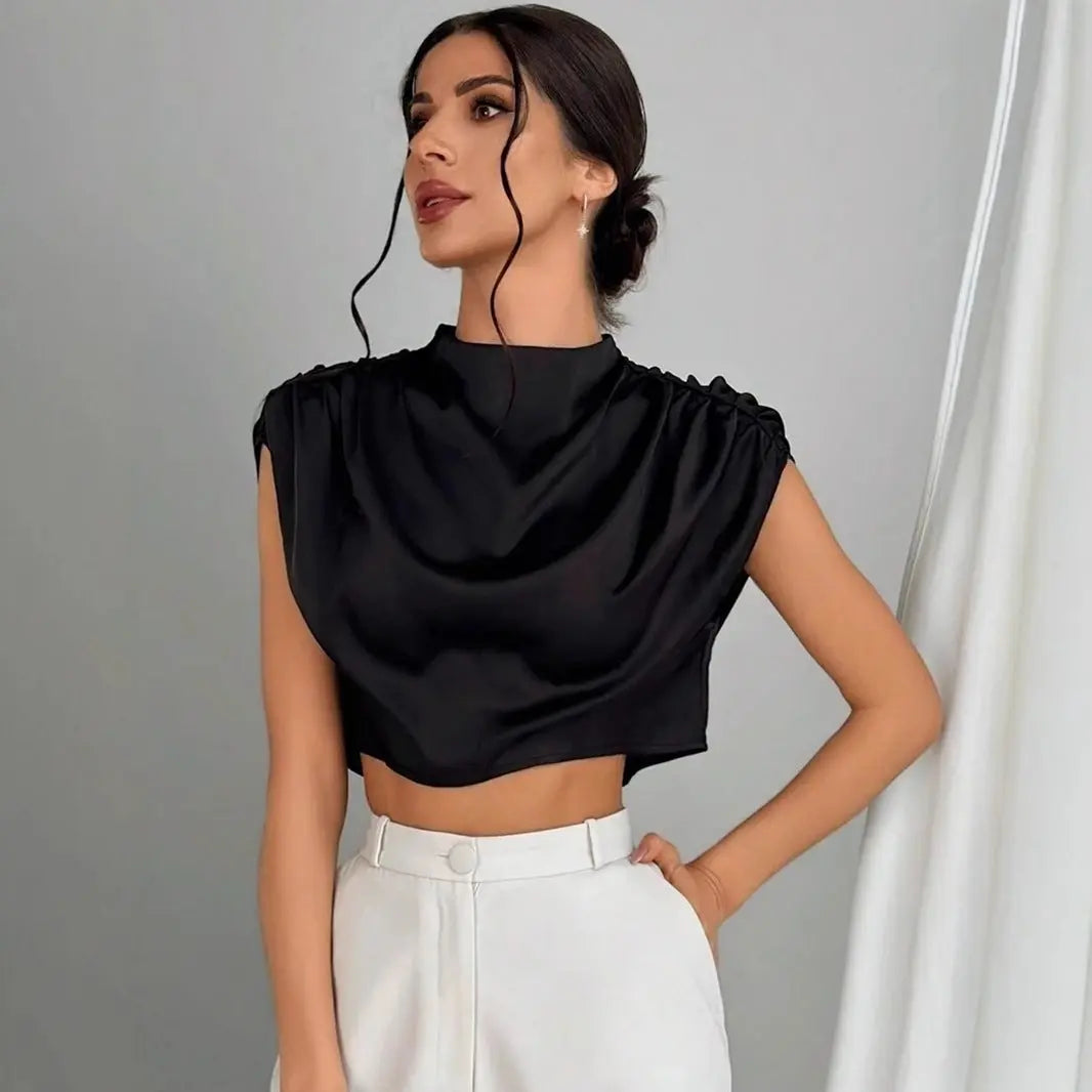 Women Clothing Pleated Batwing Sleeve Satin Shirt Stand Alone Satin Artificial Silk Short Top Bella Mia