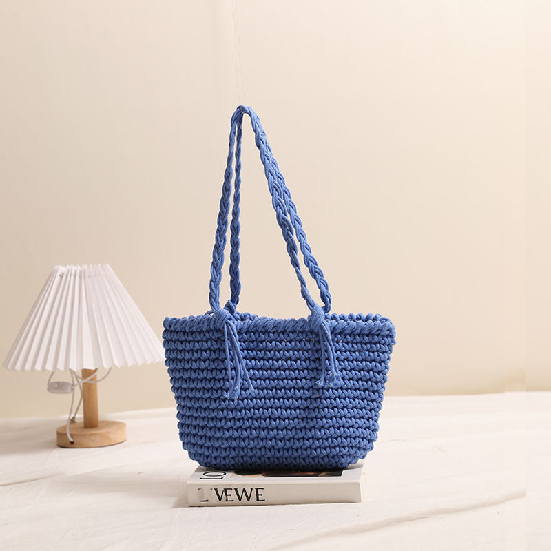 Tassel Shoulder Cotton Thread Woven Bag Solid Color Straw Bag Vacation Beach Bag Casual Women Bag Bella Mia