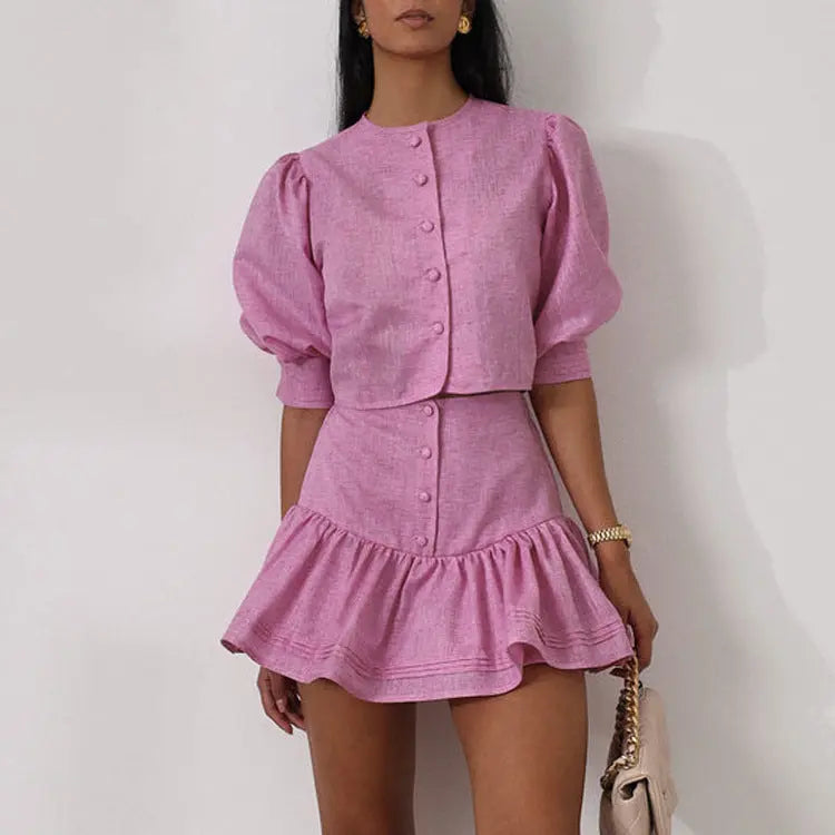 Casual Skirt Outfit Puff Sleeve Short Top Stitching A line Skirt Two Piece Set Bella Mia