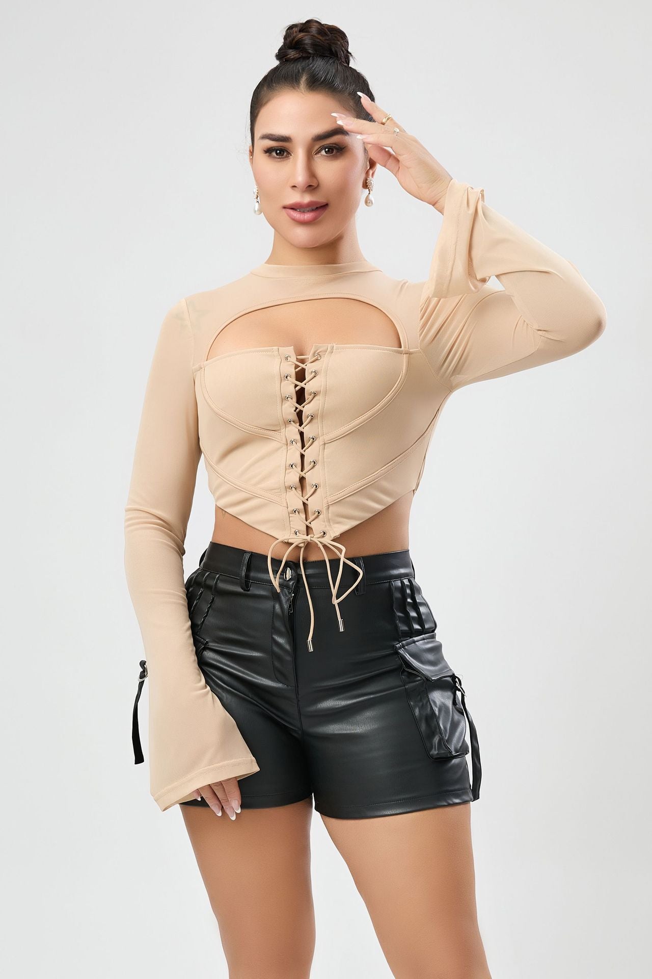Sexy Women Autumn Solid Color Casual Backless Half High Collar Long Sleeves Strap Mesh Slim Fit Short Top Bella Mia