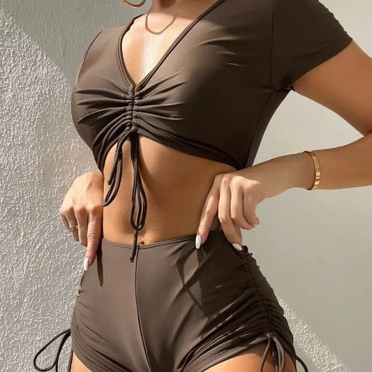 Drawstring V neck Short Sleeve Split Swimsuit Women Conservative Beach Bikini Spring Swimsuit Bella Mia