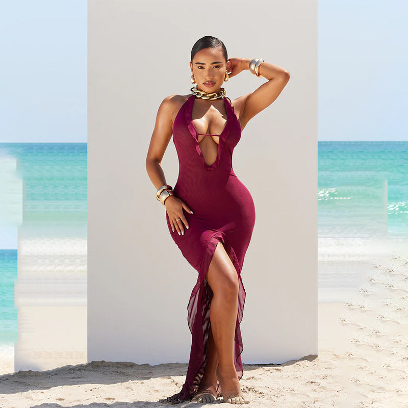 Summer Solid Color Sleeveless Halter Irregular Asymmetric Sexy Lace Up Women Dress Bella Mia