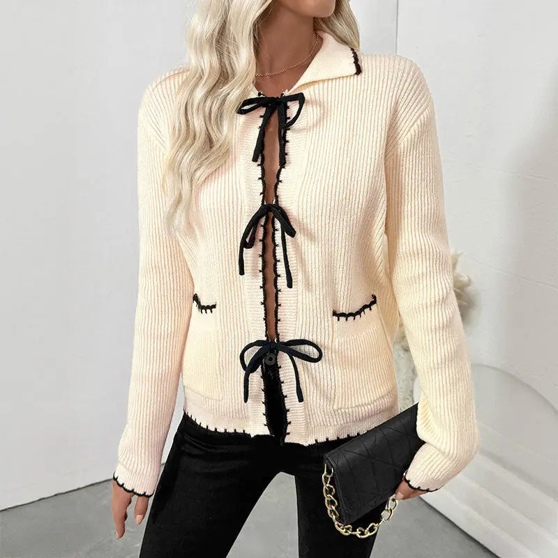 Sweet Chanel Bow Lace up Turn down Collar Trim Contrast Color Sweater Women Cardigan Bella Mia