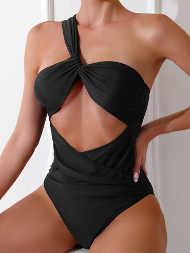 Solid Color One Piece Swimsuit Women Swimsuit Single Shoulder Sloping Shoulder Hollow Out Cutout Solid Color Bikini
