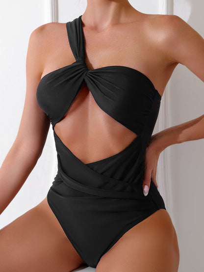 Solid Color One Piece Swimsuit Women Swimsuit Single Shoulder Sloping Shoulder Hollow Out Cutout Solid Color Bikini