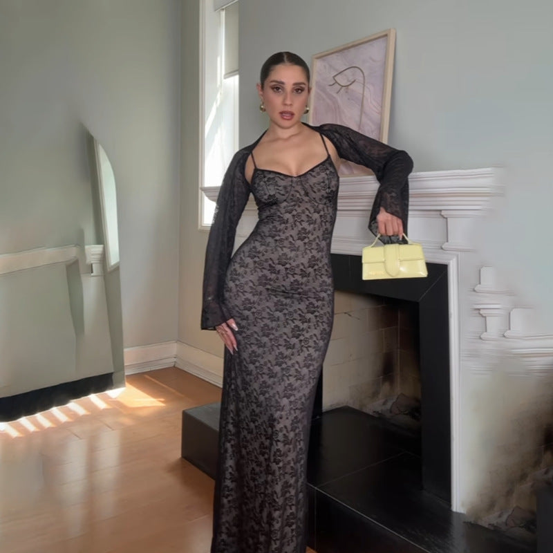 Autumn Elegant Slim Lace Sling Two Piece Blouse Women Bella Mia