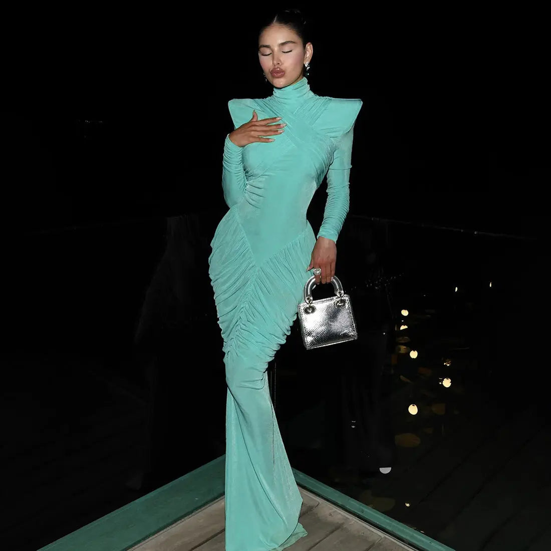 Fall Women Solid Color Backless Turtleneck Pleated Slim Fit Maxi Dress For Party Bella Mia