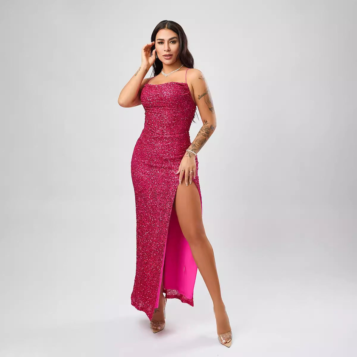 Sequin Formal Dress Autumn Winter Women Sexy Sleeveless Split Dress Bella Mia