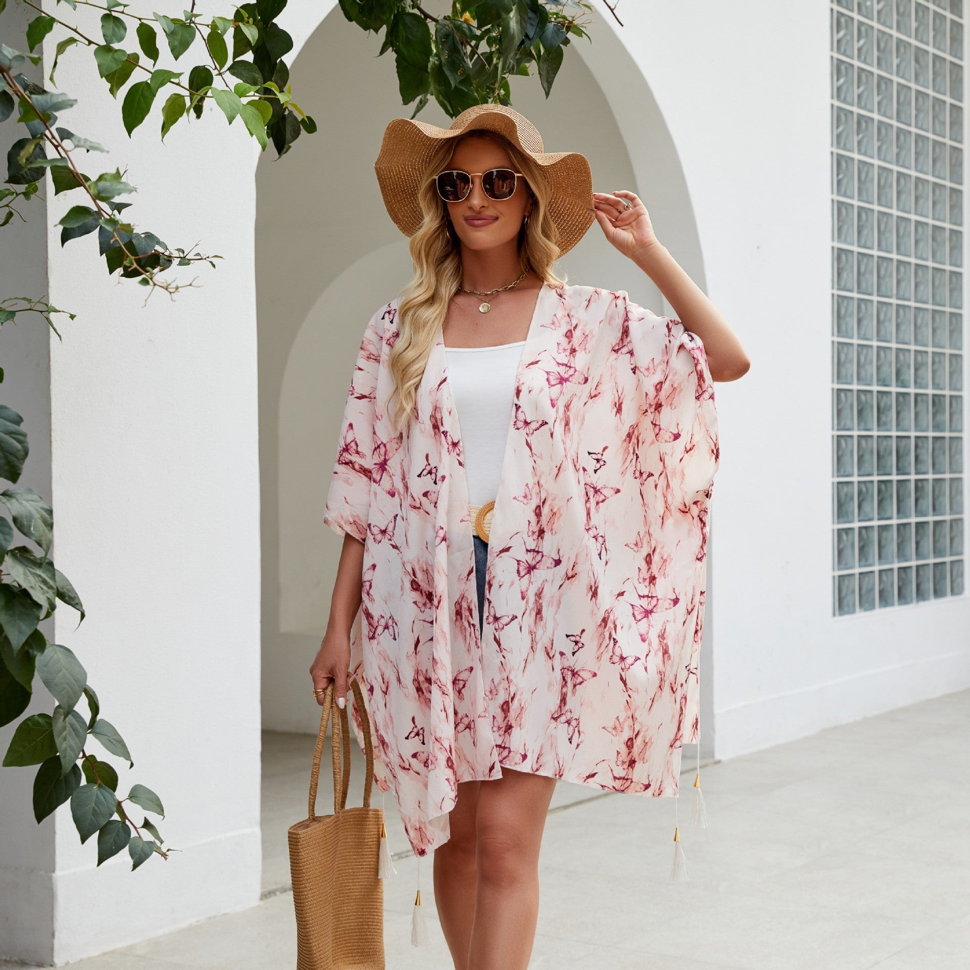 Outer Tower Women Spring Summer Blouse Sun Proof All Matching Tassel Shawl Simple Travel Beach Photo Bella Mia