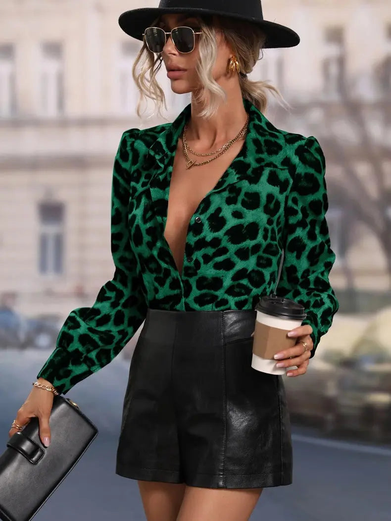Women Clothing Satin Shirt Early Autumn Casual Leopard Print Sexy Long Sleeved Top Bella Mia