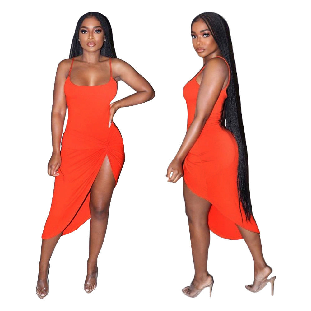 Dress Women Clothes -Selling Fashion Simple Solid Color Beveled Strap Dress Bella Mia