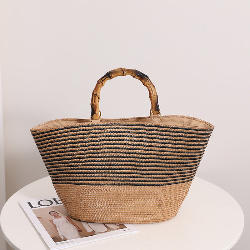 Bamboo Joint Straw Bag Large Capacity Striped Women Bag Woven Tote Hand Carrying Vegetable Basket Bag Bella Mia