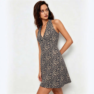 Leopard Print Halter Women Summer Lace V neck Slim Slimming A line Dress