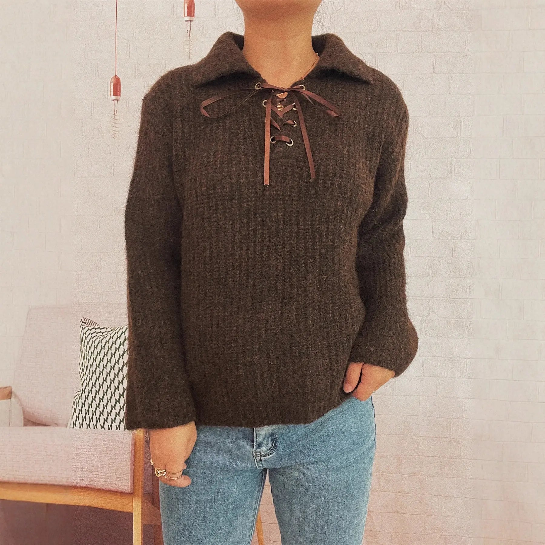 Autumn Winter Simple Office Collared Tied Knitted Pullover Solid Color Loose Sweater Bella Mia