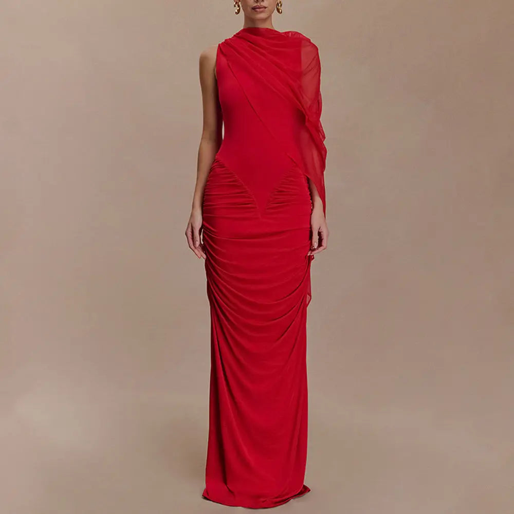 Fashionable Pleated Mesh Shawl Dress Sexy Sheath round Neck Slim Dress Bella Mia