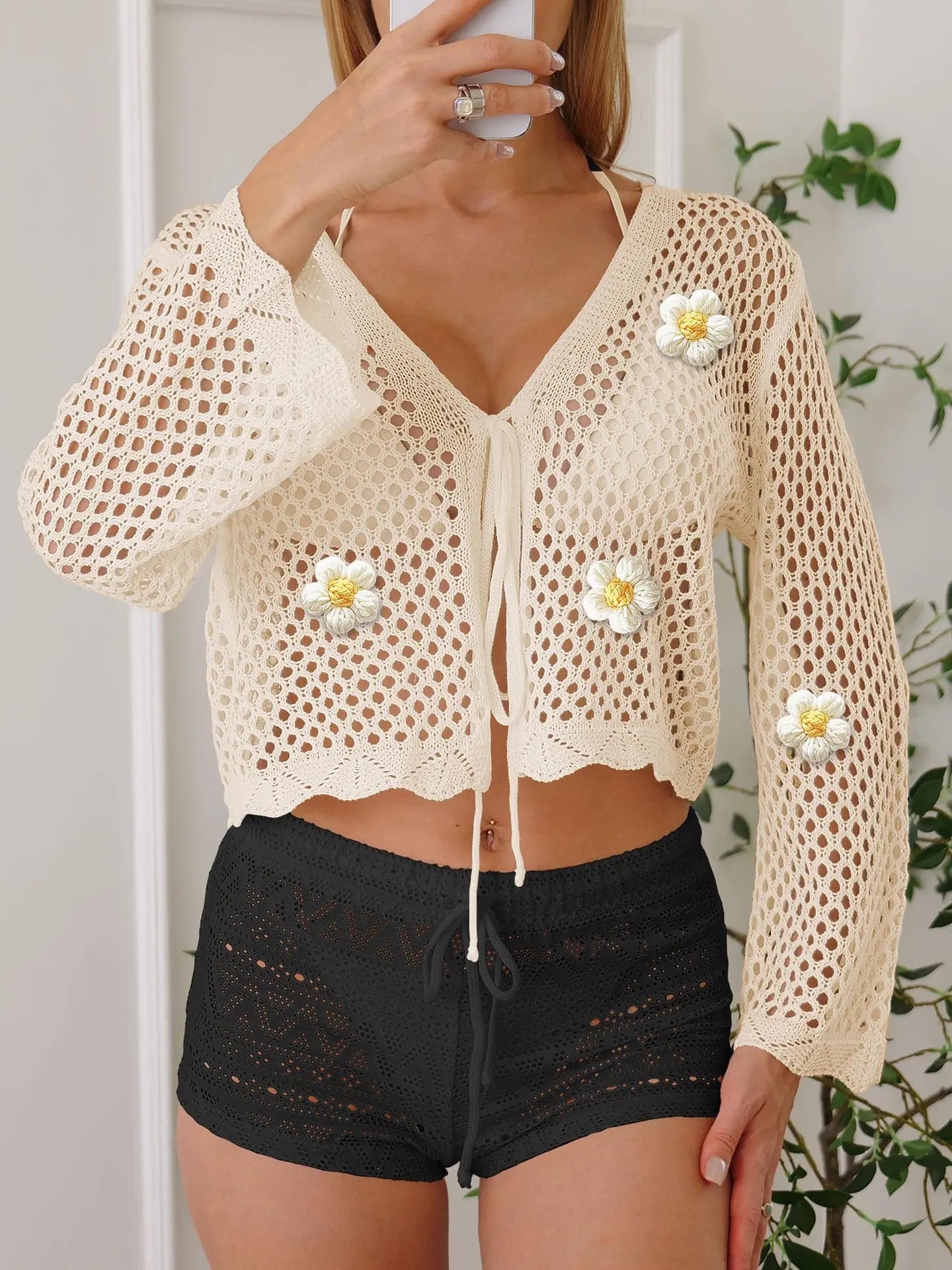 Women Lace Up Cardigan Hollow Out Cutout Woven Shirt Floral Embroidery Beach Bella Mia