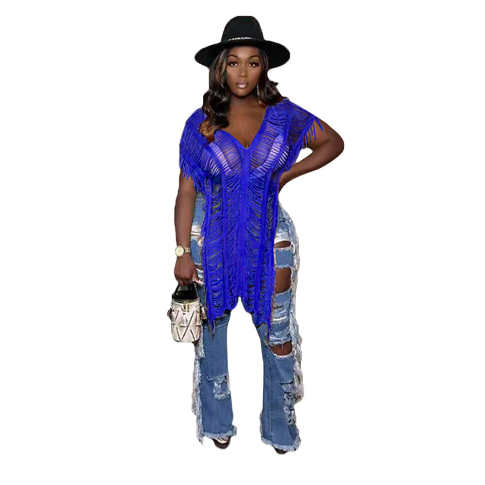 Women Clothing Solid Color Casual Tassel Hollow Out Cutout T shirt Bella Mia