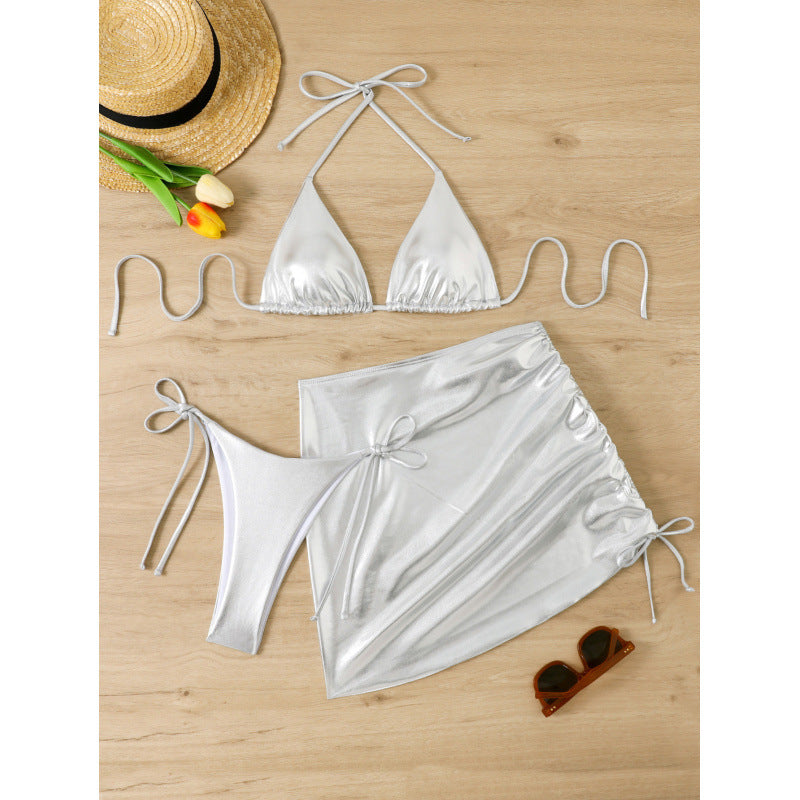 Swimwear Women Bronzing Three Piece Sexy Bikini Solid Color Metal Split Triangle Bag Beach Swimsuit Bella Mia