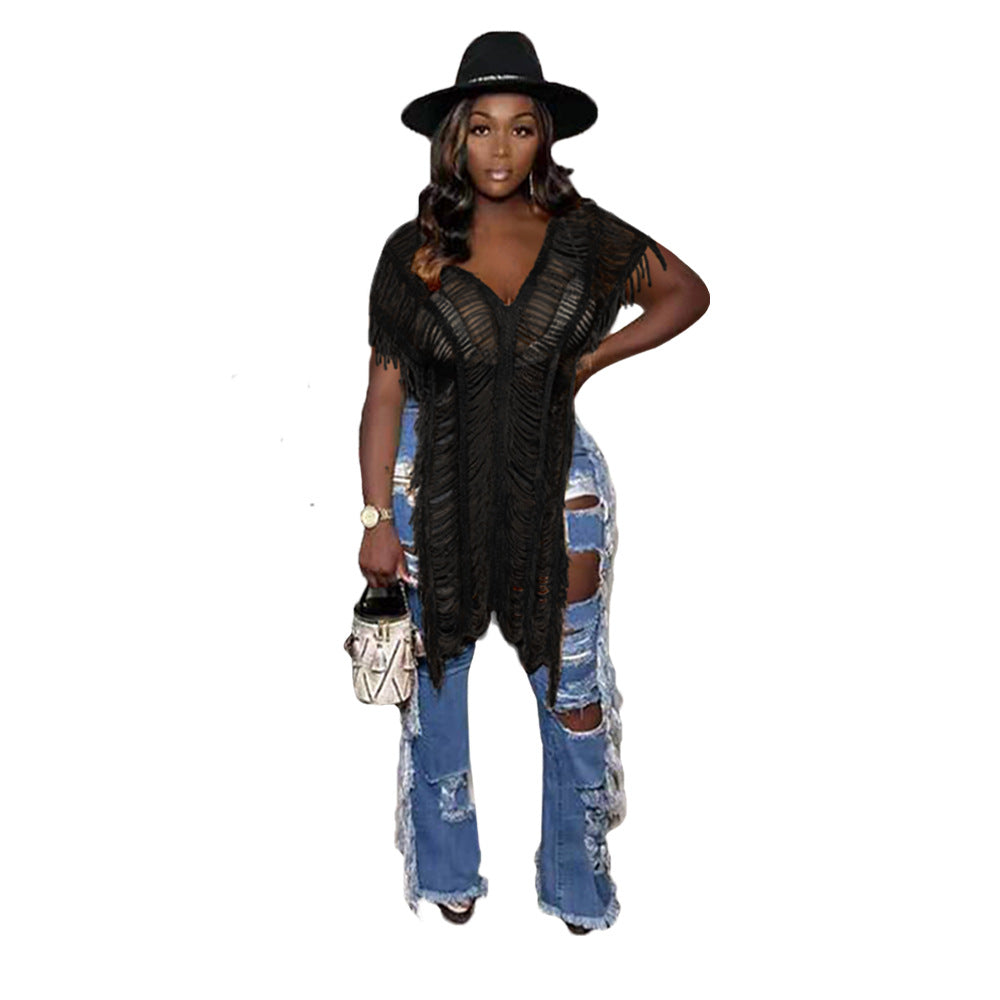 Women Clothing Solid Color Casual Tassel Hollow Out Cutout T shirt Bella Mia