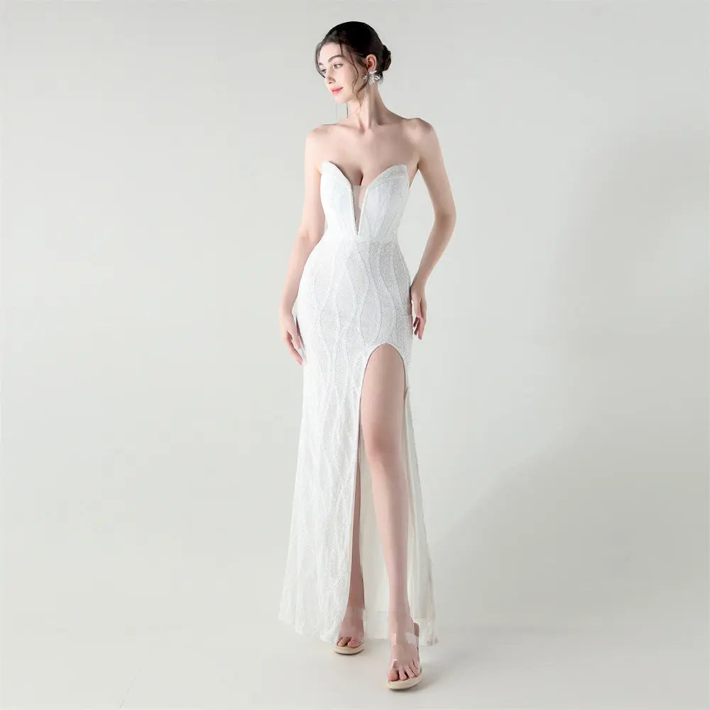 Boning Corset Waist Tight Heavy Industry Beads Heart Shaped Collar Sequined Evening Dress Luxury Cocktail Evening Dress Bella Mia