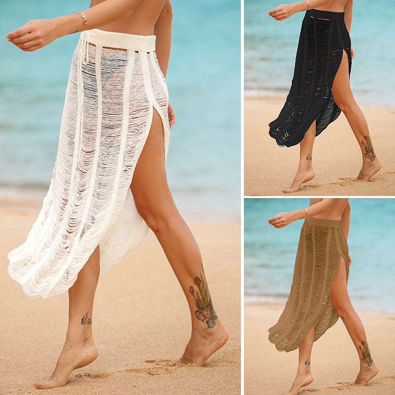 Sunscreen Sexy See through Split Beach Seaside Vacation Lace up Knitted Skirt Crochet hook Bella Mia