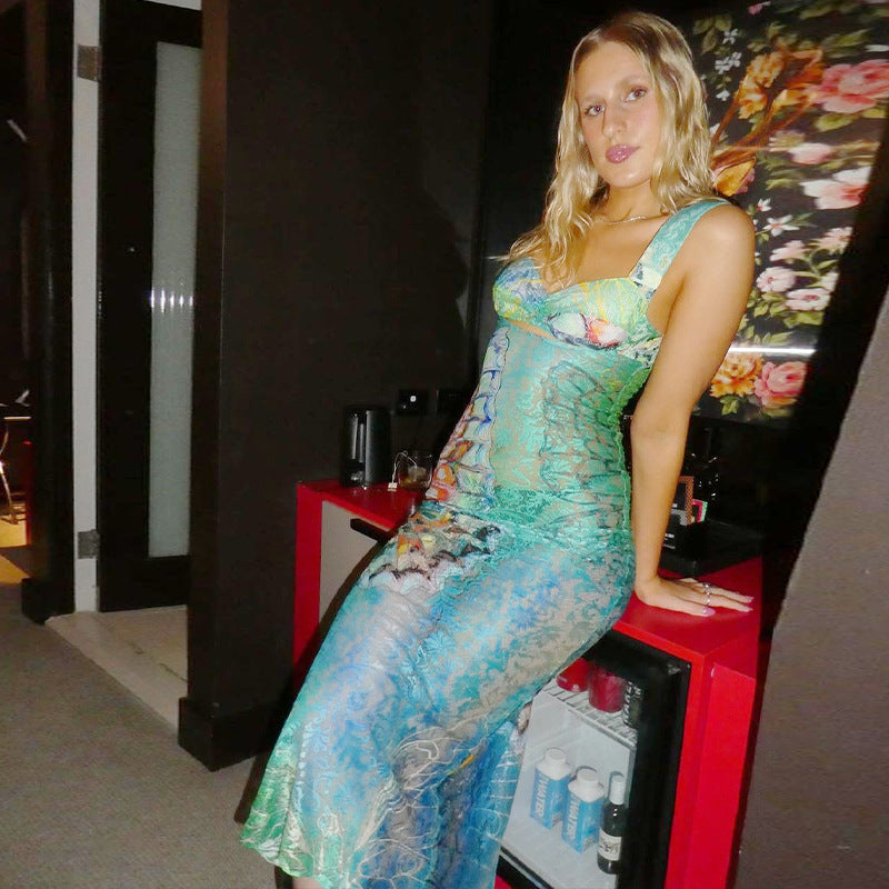 Street Hipster Sexy Hip Summer Lace Print Sleeveless Backless Dress Women Bella Mia