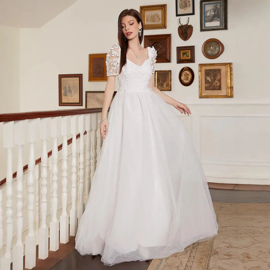 French Pastoral White Large Swing V neck Short Sleeve Elegant Backless Cocktail Wedding Dress Bella Mia