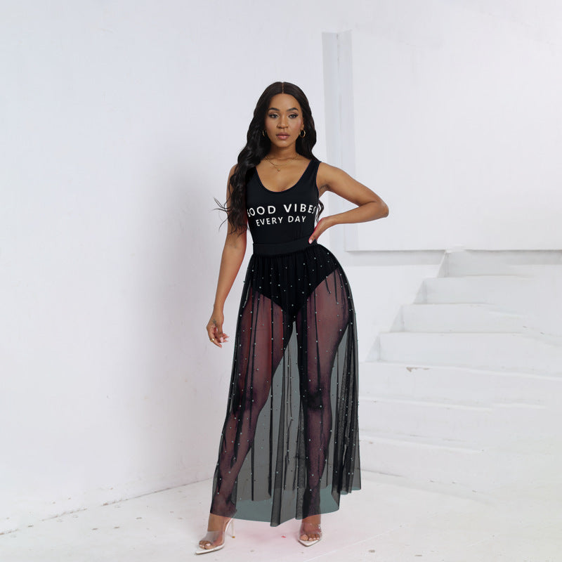 Summer Sexy Jumpsuit Beach Dress Two Piece Suit Handmade Beaded Transparent Mesh Skirt Set Bella Mia
