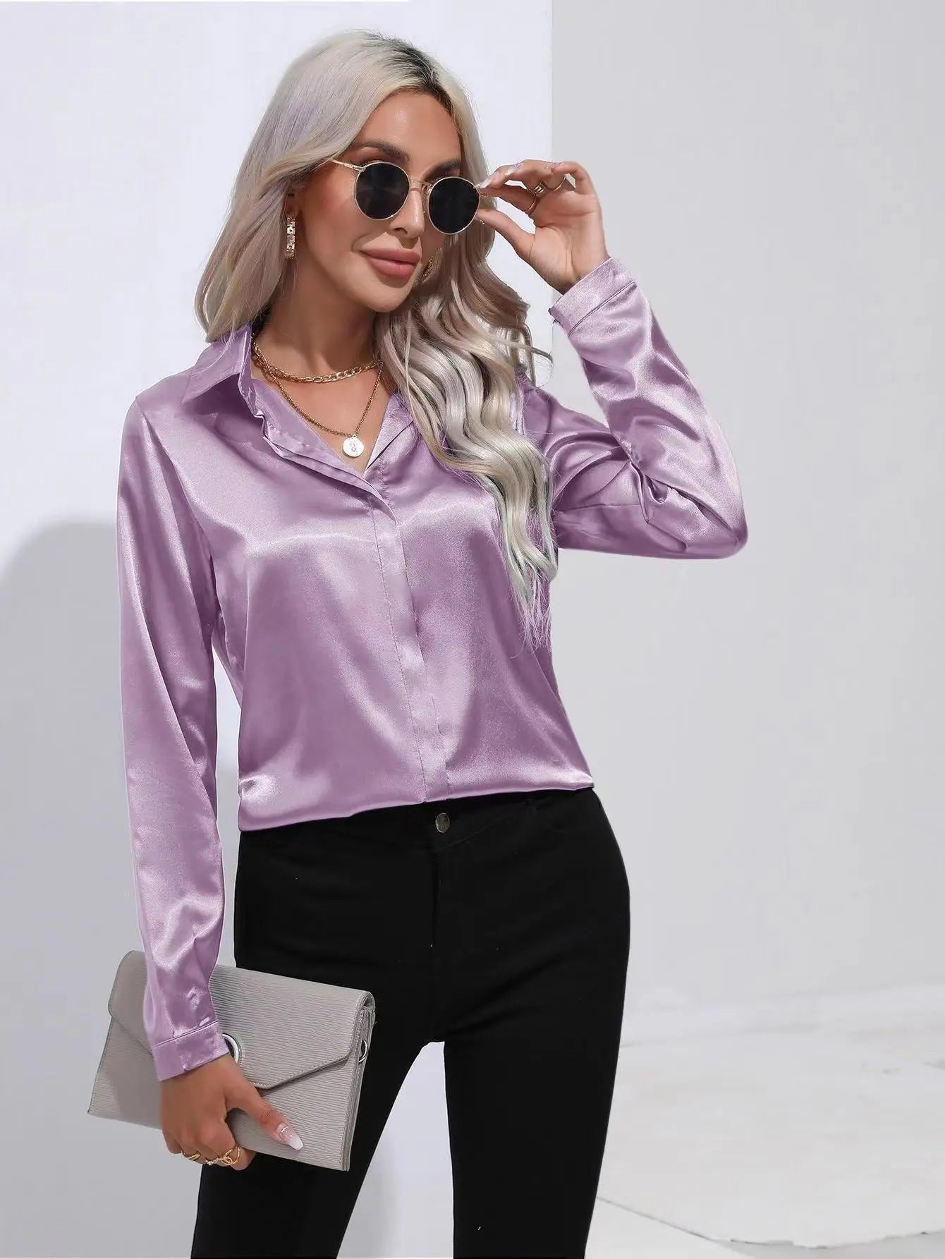One Button Satin Shirt Office Long Sleeve Shirt Spring Summer Loose Top Women Clothing Bella Mia