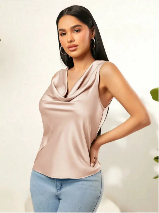 Summer Satin Pile Collar Solid Color Sleeveless Vest Women Sleeveless Blouse Bella Mia