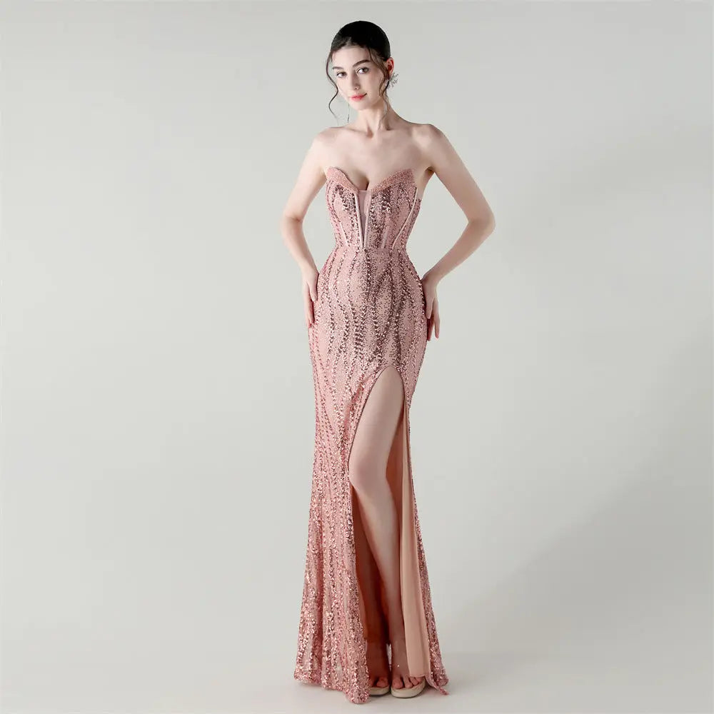 Boning Corset Waist Tight Heavy Industry Beads Heart Shaped Collar Sequined Evening Dress Luxury Cocktail Evening Dress Bella Mia