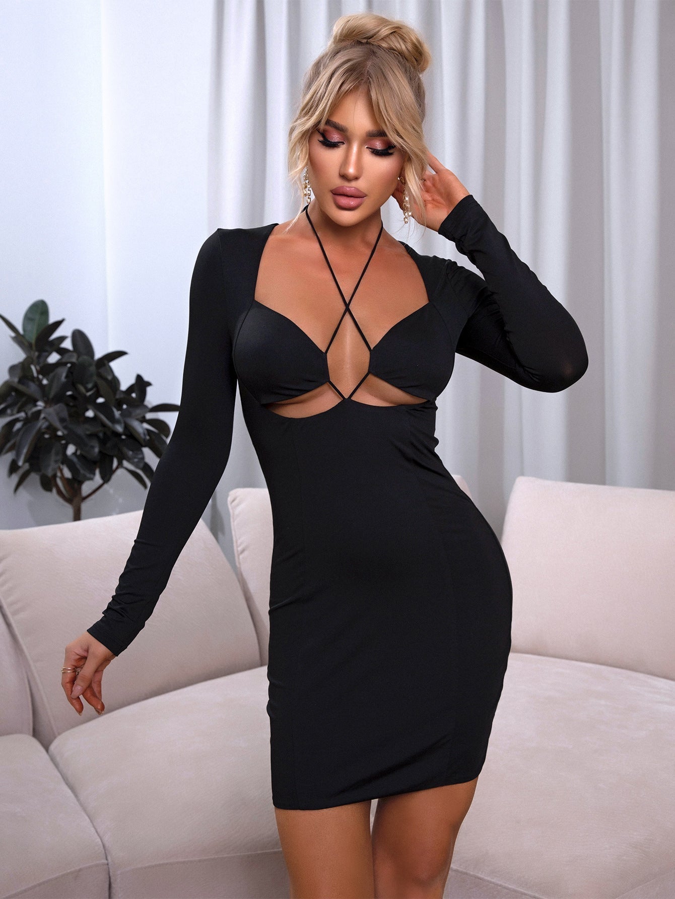Autumn Winter Women Sexy Halterneck Long Sleeved Sheath Dress Bella Mia