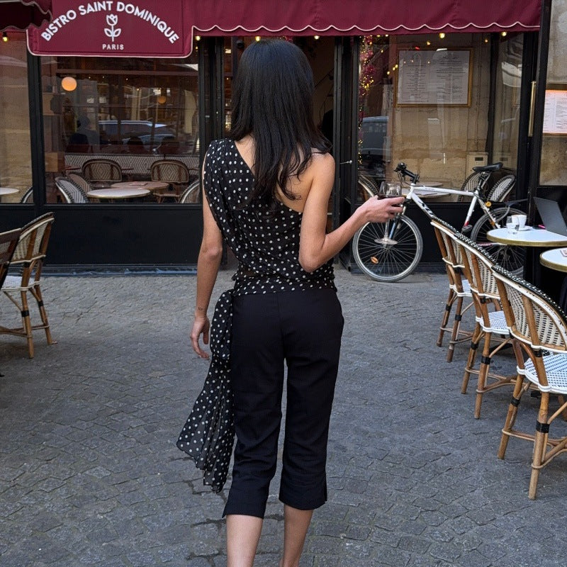 Women Clothing Summer Sexy Diagonal Collar Polka Dot Chiffon See through Irregular Asymmetric Top Women Bella Mia