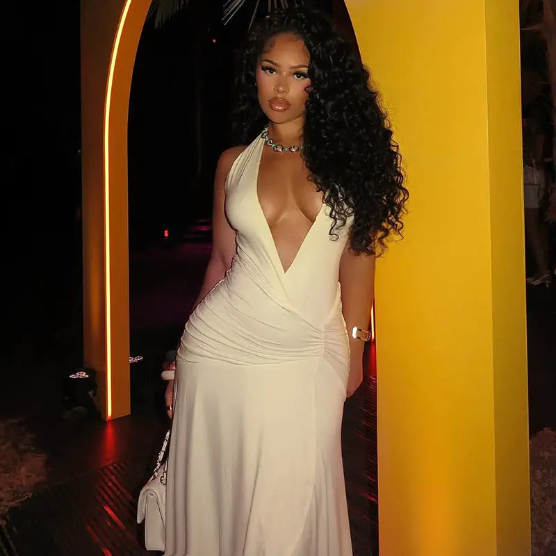 Women Clothing Waist Slimming Solid Color Hip V neck Pleated Draped Chest Wrapped Dress Bella Mia