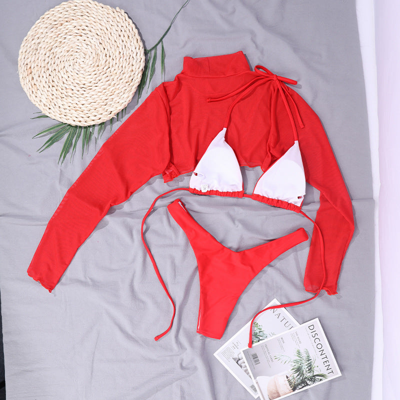 Bikini Solid Color Three-Piece Sexy Backless High Elastic Swimsuit Women Halter Lace-up Bikini Bella Mia