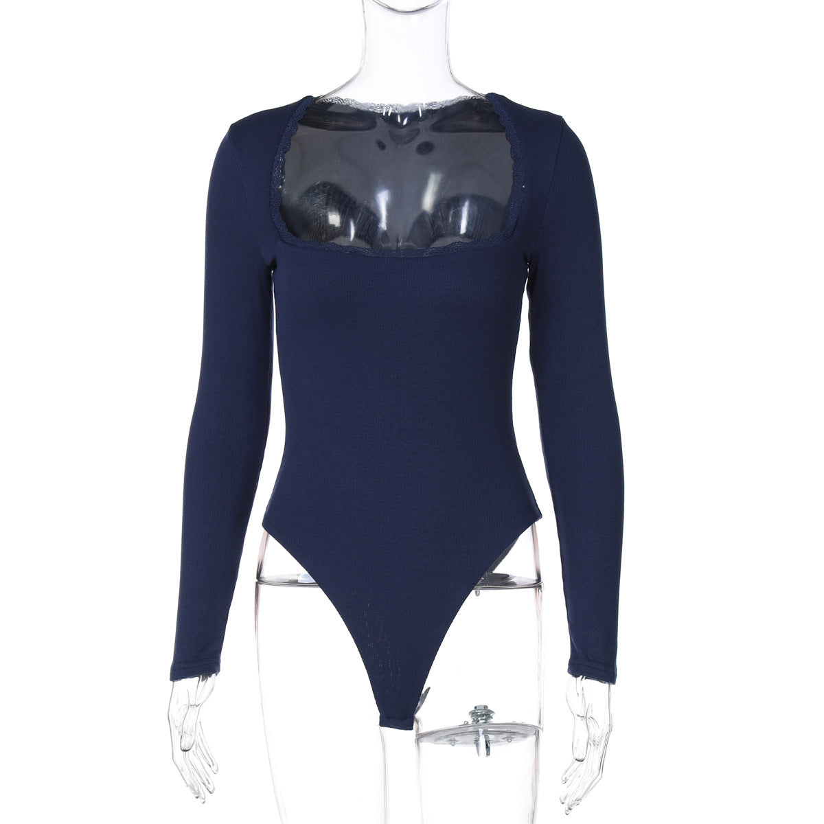 Women Clothing Winter Sexy Square Neck Lace Slim Fit Base Long Sleeve Jumpsuit Bella Mia