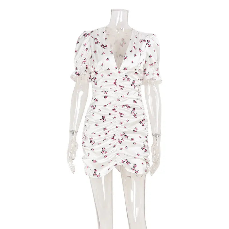Women French V neck Sexy Slim Hip Floral Puff Sleeve Dress Short Bella Mia