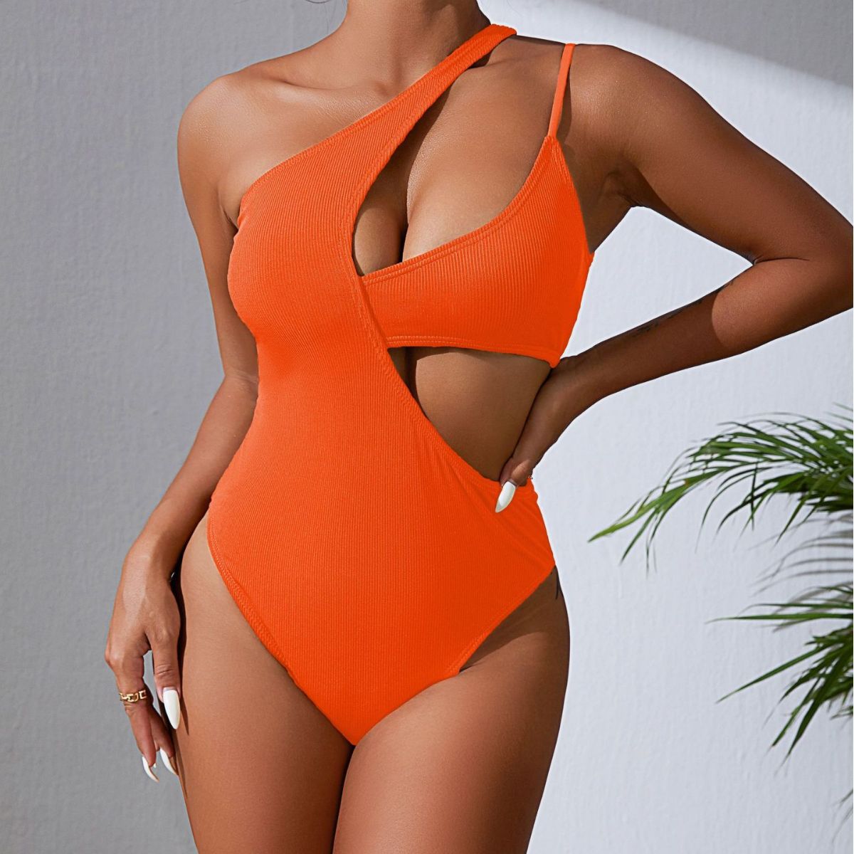 Wave Swimsuit Solid Color Rib Fabric Sexy Hollow Out Cutout out Swimsuit Bikini Bella Mia