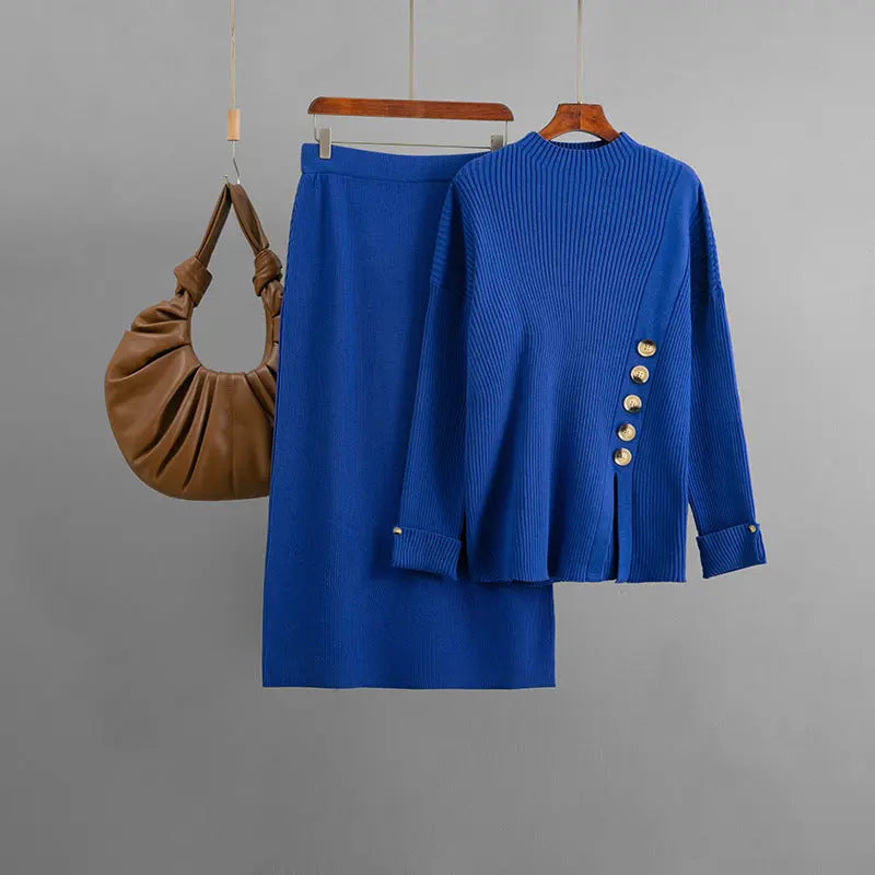 Women Two Piece Jersey Sweater Skirt Set With Side Slit Button Decoration Bella Mia