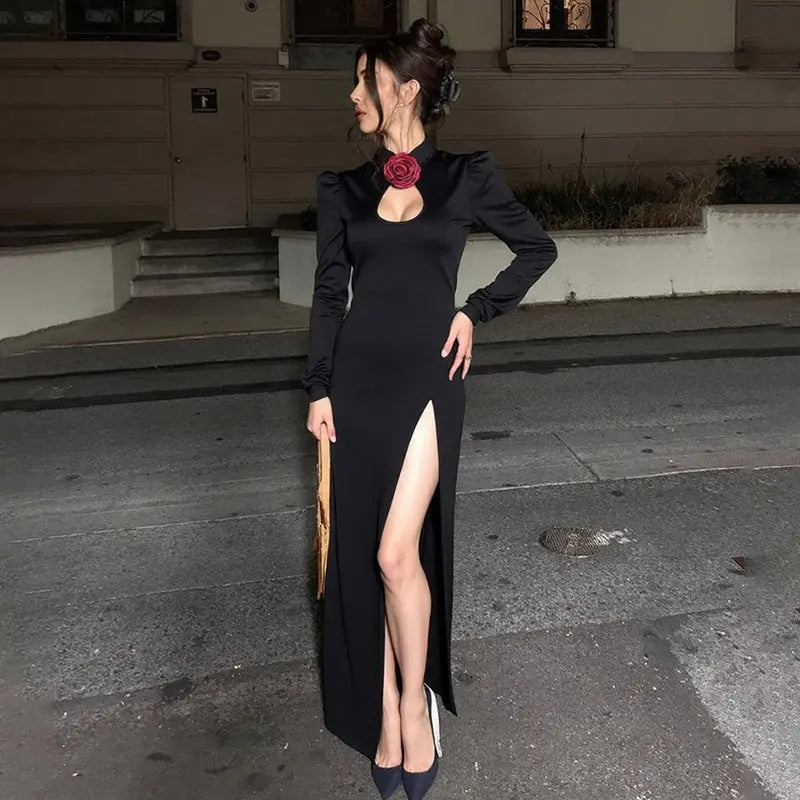 Elegant Sexy Slim Fit Cutout Dress With Stand Collar High Slit Long Sleeve Maxi Bella Mia