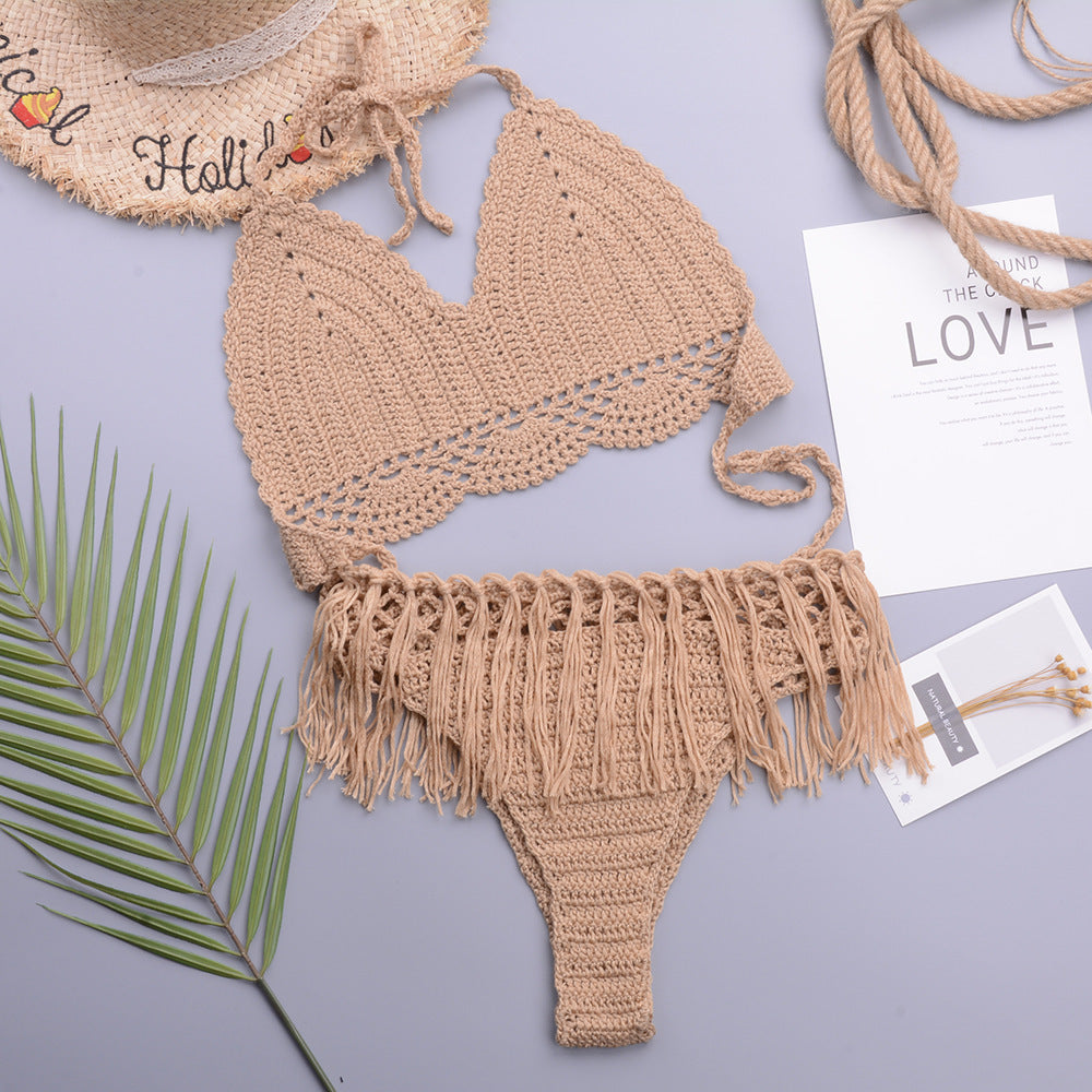 Vacation Sexy Characteristic Handmade Crochet Tassel Hollow Out Cutout out Strap Bikini Women Set Bella Mia