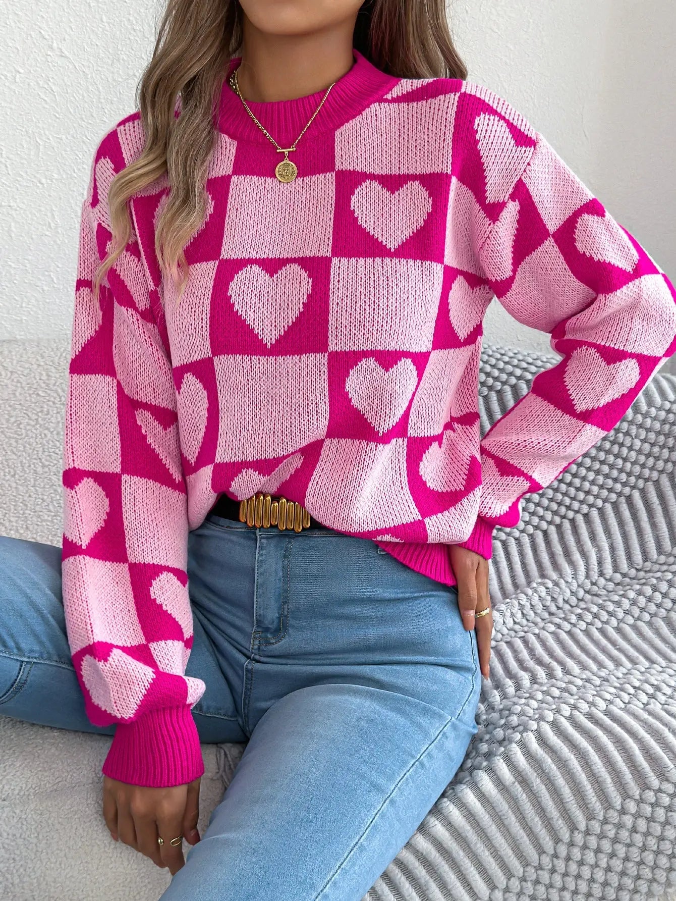 Real Shot Autumn Winter Love Plaid Lantern Long Sleeve Pullover Women Clothing Valentine Day Bella Mia