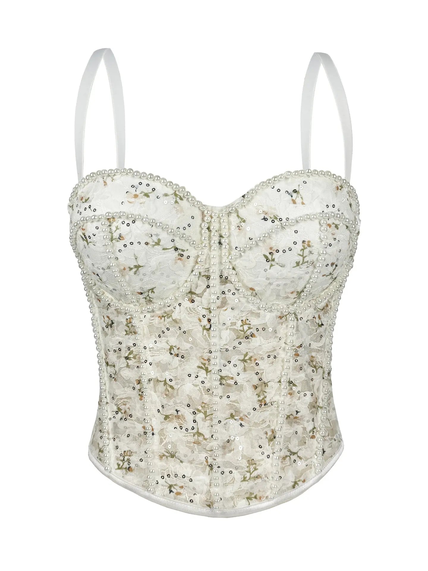 Floral Lace Pearl Embellished Crop Corset Top With Boning And Straps Bella Mia