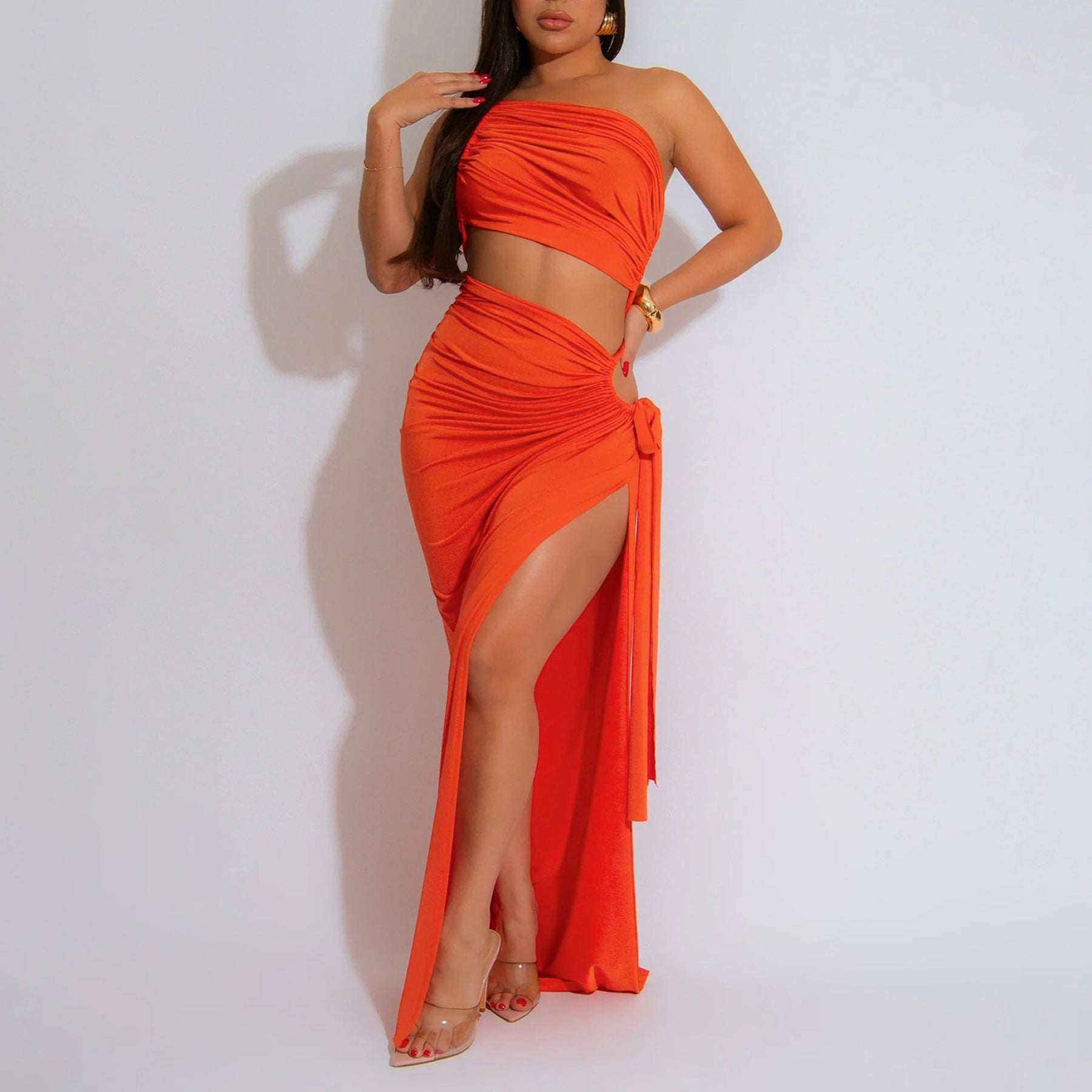 Supply Women Wear Solid Color Diagonal Collar Sexy Tube Top Split Dress Bella Mia